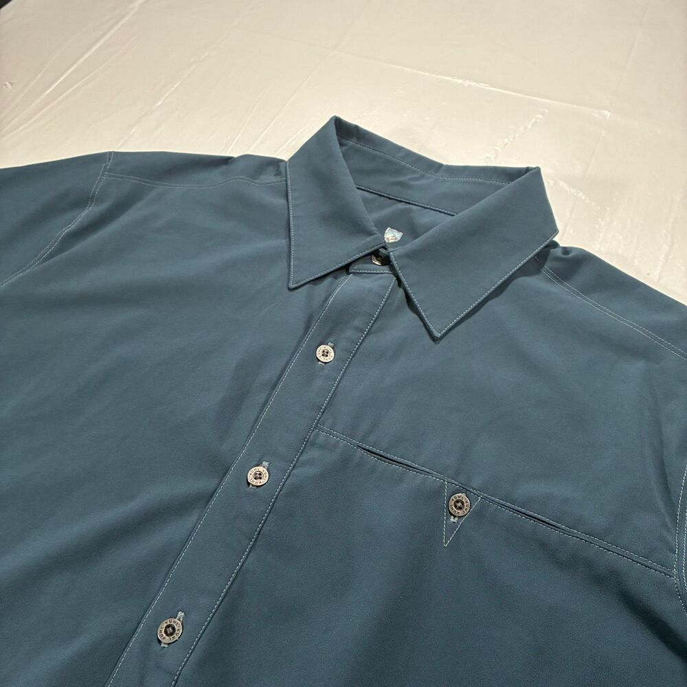 Kühl Renegade Tufflex Short Sleeve Button Shirt Medium Gray Blue Wicking Outdoor